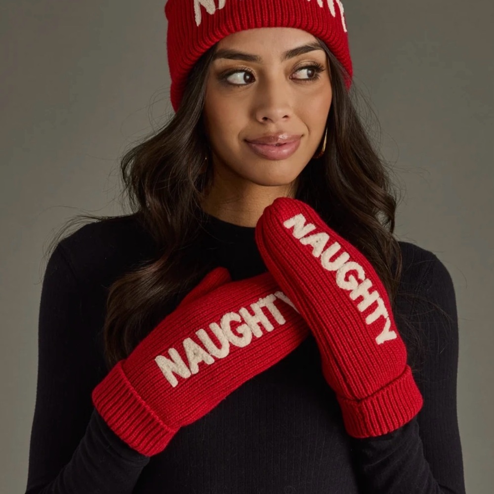 Red Knit “Naughty” Christmas Mittens
